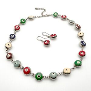 IPPO Evil Eye Necklace and Matching Earrings Sterling Silver Chain and Setting